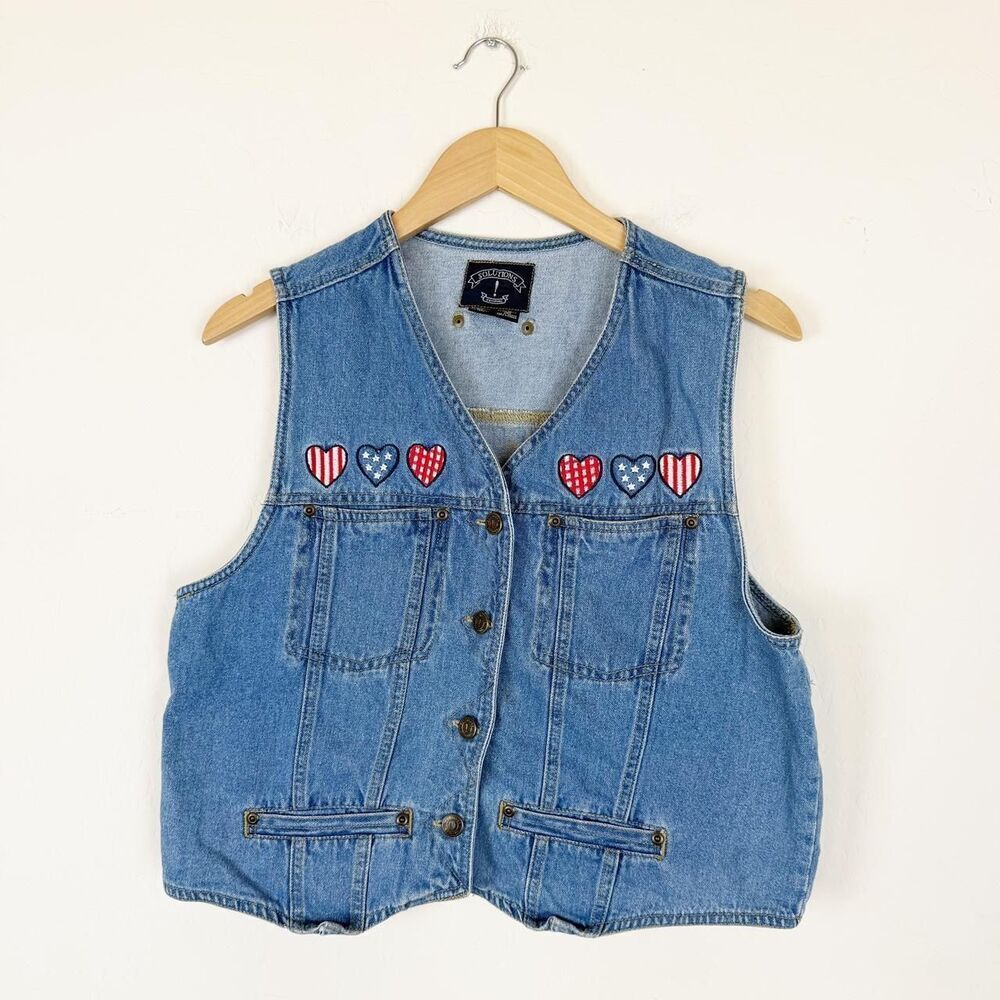 vintage solutions denim vest embroidered patriotic flag heart patches - Picture 2 of 6